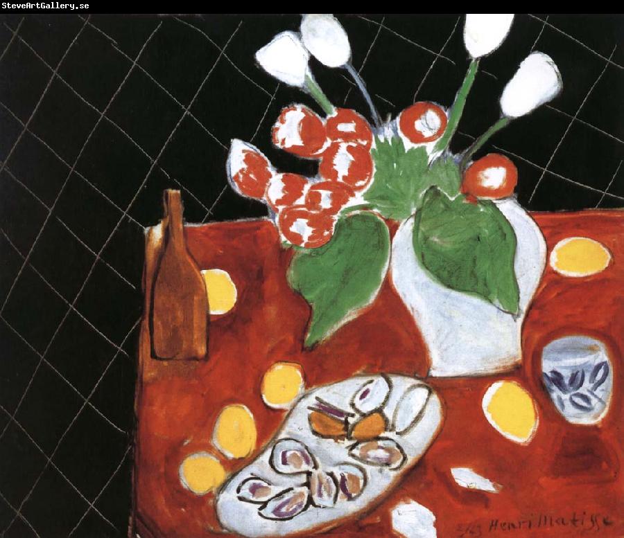 Henri Matisse Black background, tulips and oysters